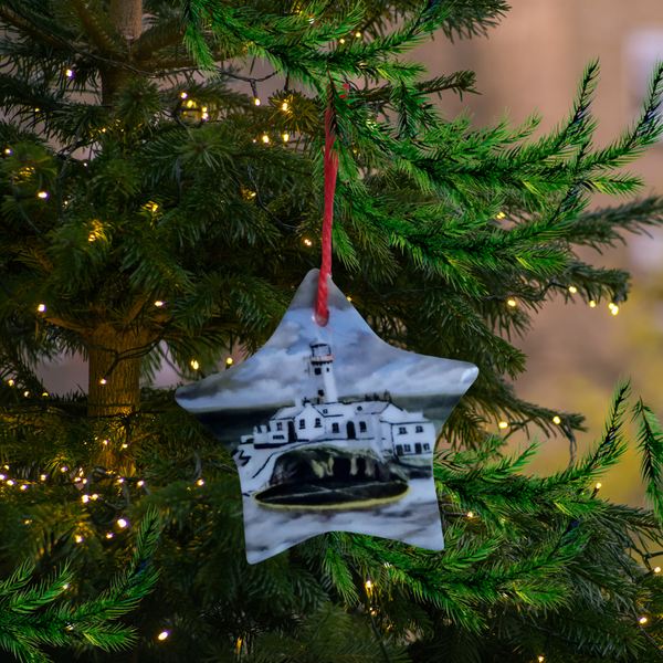 Donegal Ceramic Christmas Tree  Star Decorations.  Fanad Lighthouse in The Snow