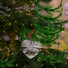 Donegal Ceramic Christmas Decorations Heart Fanad Lighthouse in The Snow.