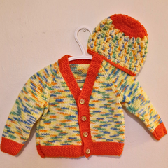 Hand Knitted Baby Colourful Cardigan and Hat