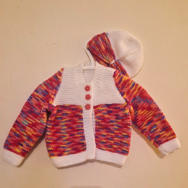 Hand Knitted Baby Cardigan and Hat Pink and White Set