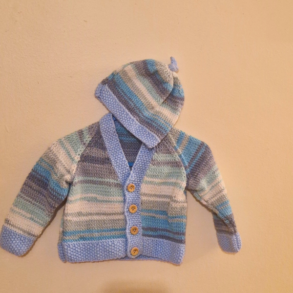 Hand Knitted Baby Cardigan and Hat Baby Blue Set