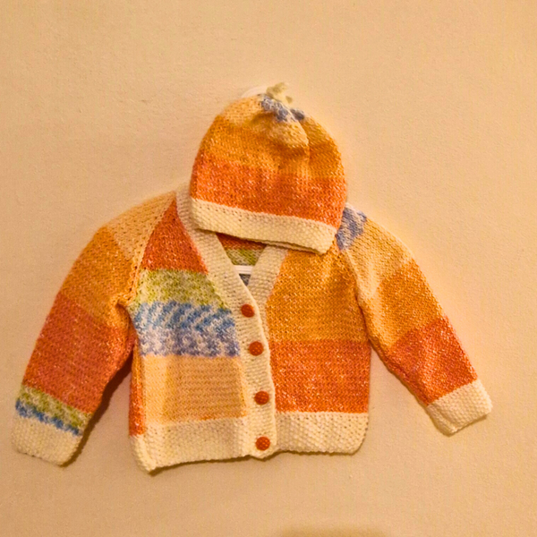 Hand Knitted Baby Cardigan and Hat