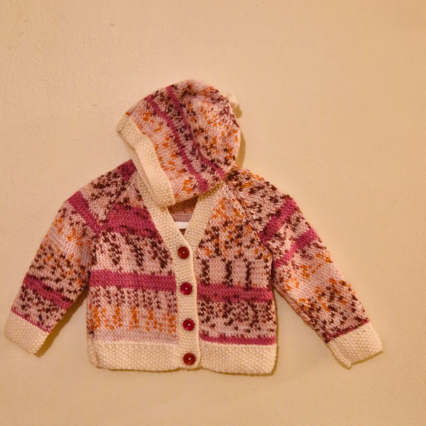 Hand Knitted Baby Cardigan and Hat in Maroon and Multicolour.