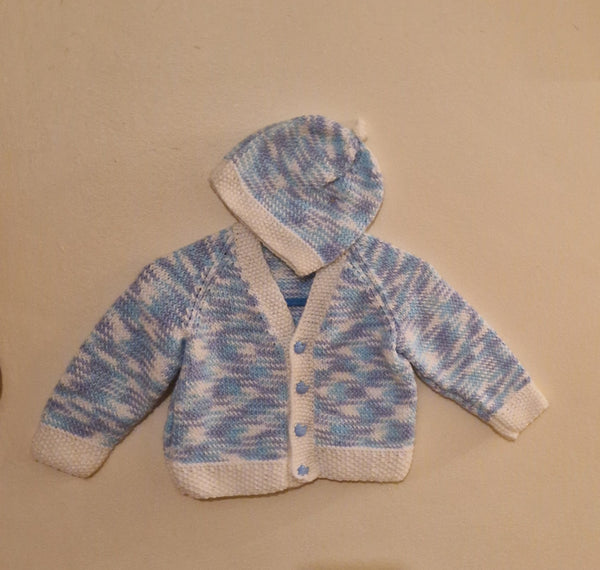 Hand Knitted Baby  Light Blue and White with Hat