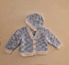 Hand Knitted Baby  Light Blue and White with Hat